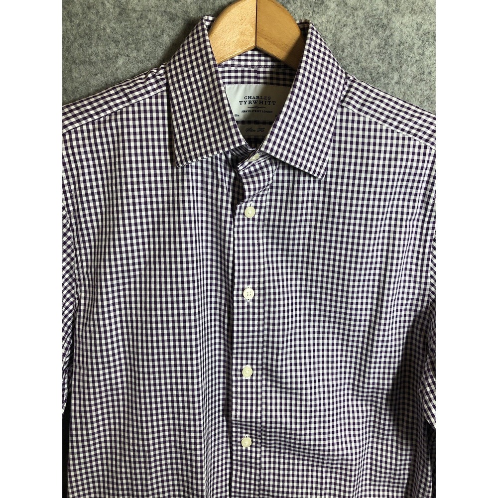 Charles Tyrwhitt Dress Shirt Mens 15.5 35 Purple Gingham Slim Fit Career Classic